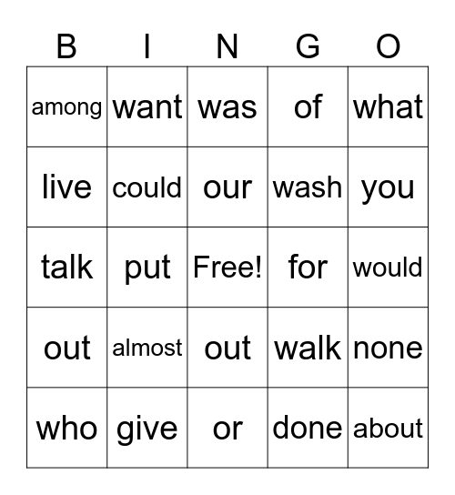 Heart Words up to Module 5 Bingo Card