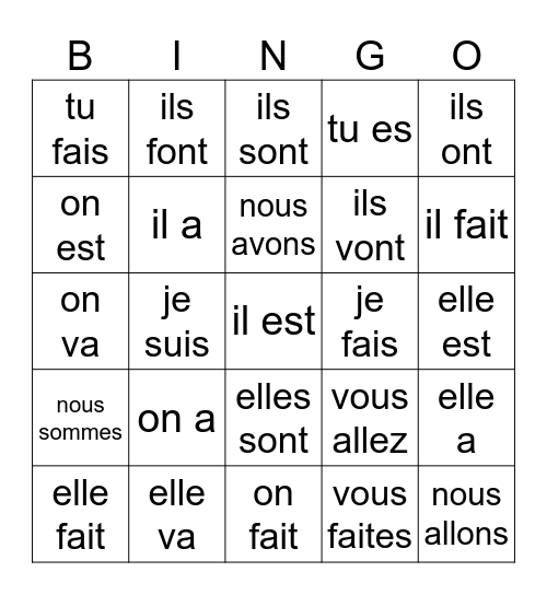 Verbes être, avoir, aller et faire Bingo Card