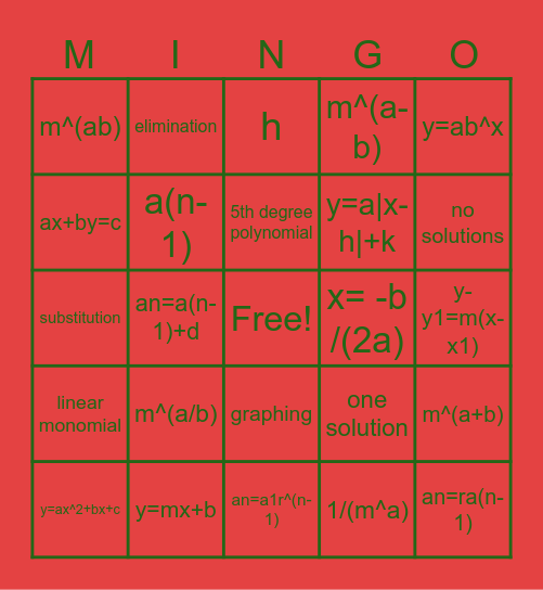 Mr. Mitofsky's Marvelous Math Mbingo Card