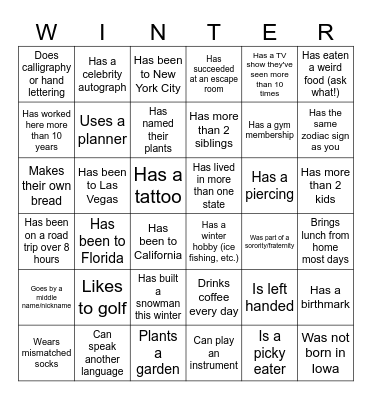 Winter Celebration Bingo Card