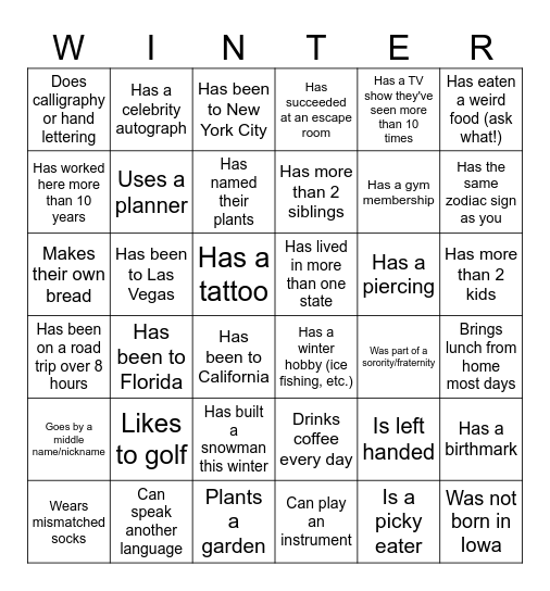 Winter Celebration Bingo Card