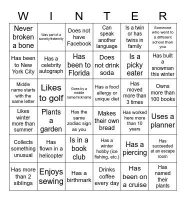 Winter Celebration Bingo Card