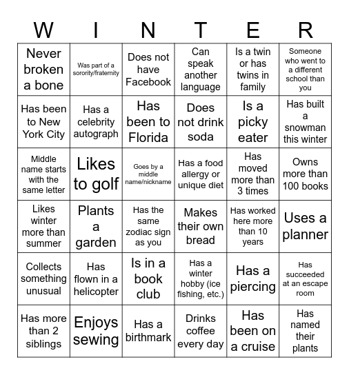 Winter Celebration Bingo Card
