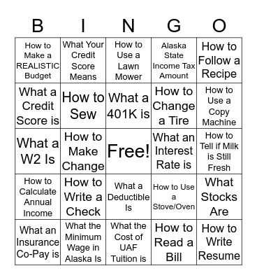 Life Skills Bingo Card