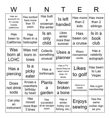 Winter Celebration Bingo Card