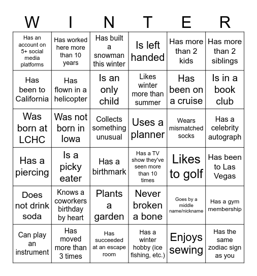 Winter Celebration Bingo Card