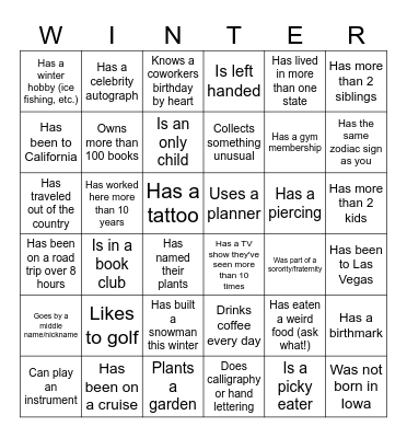 Winter Celebration Bingo Card
