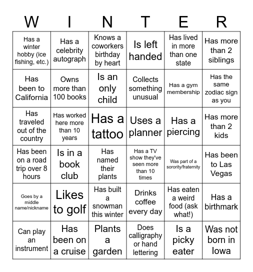 Winter Celebration Bingo Card