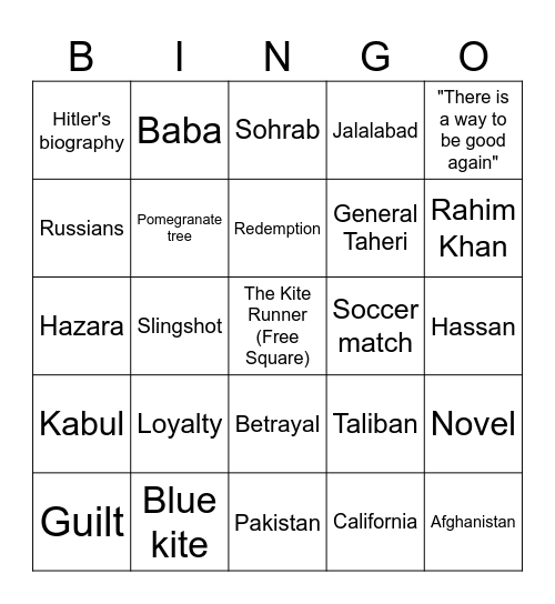 The Kite Runner Bingo Card