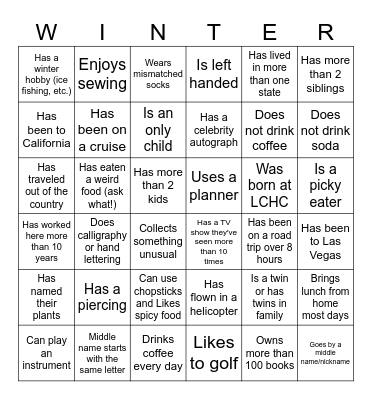 Winter Celebration Bingo Card