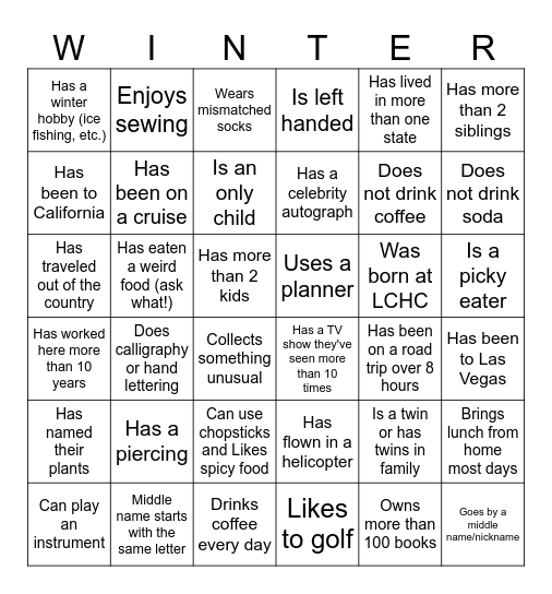 Winter Celebration Bingo Card