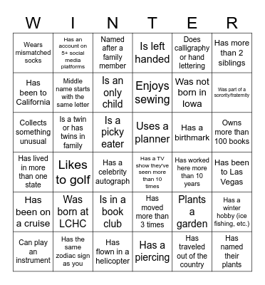 Winter Celebration Bingo Card