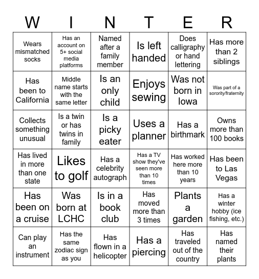 Winter Celebration Bingo Card