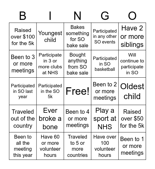 Special Olympic Bingo Card