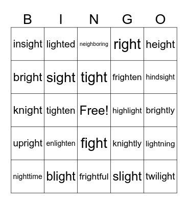 Long /ī/ sound with -igh- Bingo Card