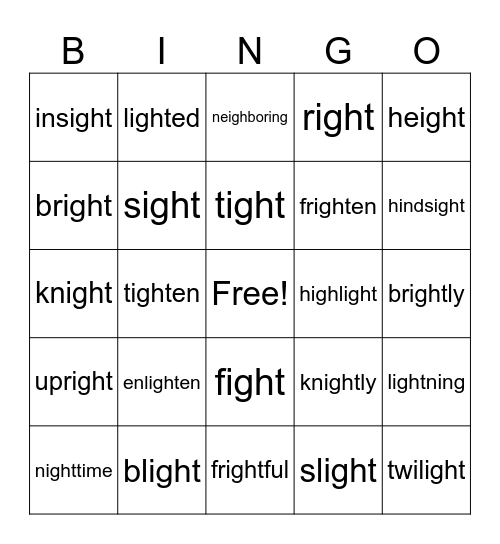 Long /ī/ sound with -igh- Bingo Card