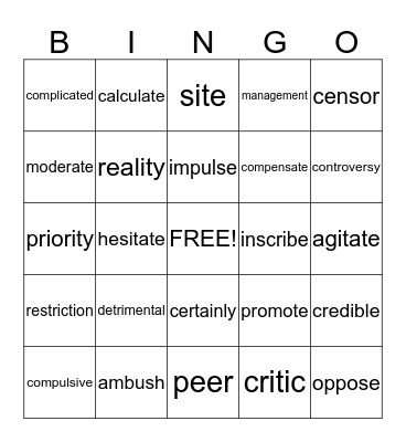 Reading Vocabulary Bingo Card