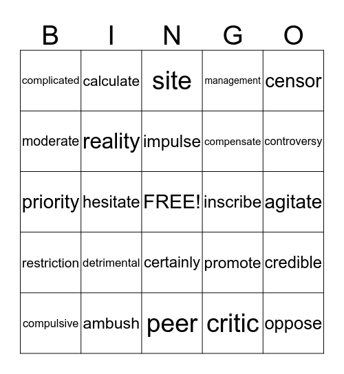 Reading Vocabulary Bingo Card