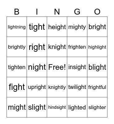 Long /ī/ sound with -igh- Bingo Card