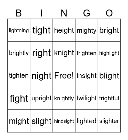 Long /ī/ sound with -igh- Bingo Card