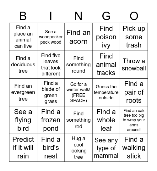 Winter Nature Bingo! Bingo Card
