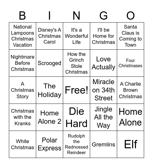 Christmas Movie Bingo Card