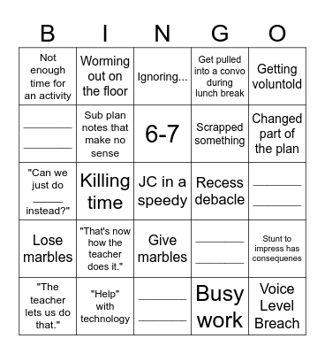 Substitute Teacher Edition: Bingo Card