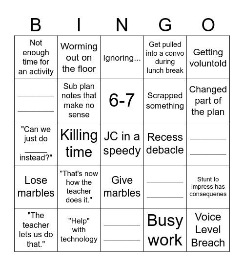 Substitute Teacher Edition: Bingo Card