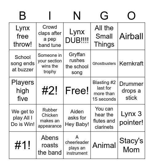 WCHS Pep Band Bingo!!!! Bingo Card
