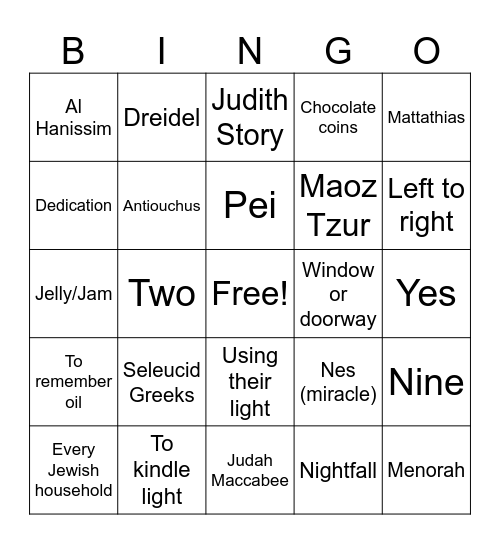 Hanukkah Bingo Card