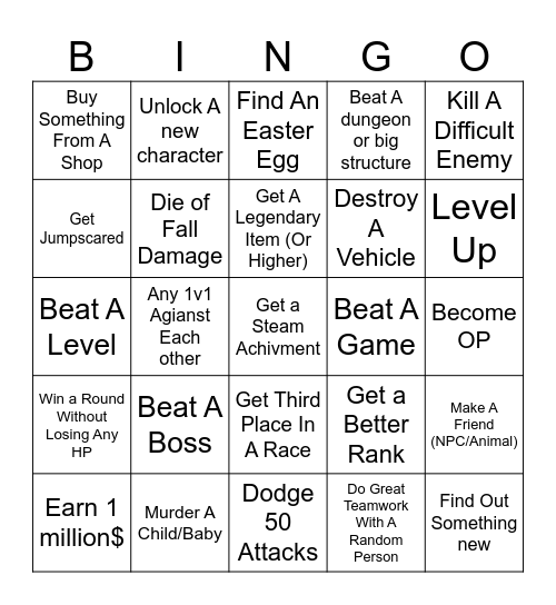 The Bingo Bro V Bro Challenge Bingo Card