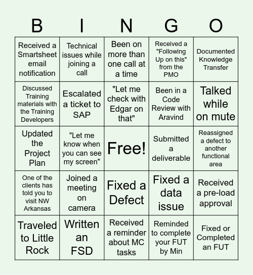 Arkansas S/4HANA Project Bingo Card