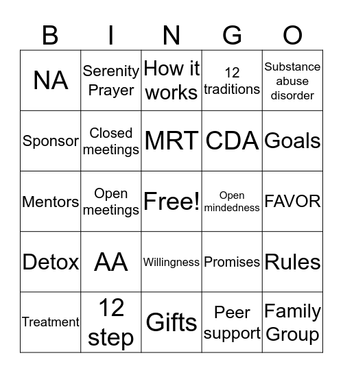 Drug Court Bingo Card