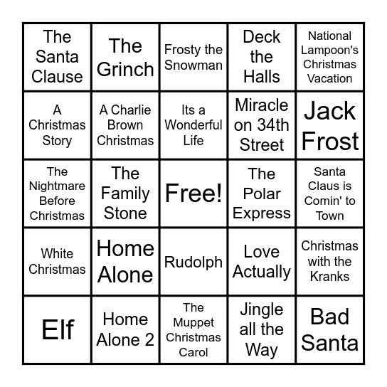 Christmas Movie Bingo Card
