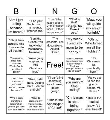 The Grinch Movie (2018) Quotes Bingo Card