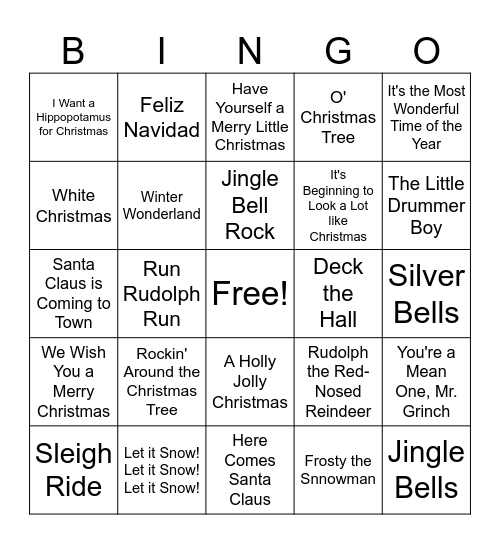 Holiday Music Bingo Card