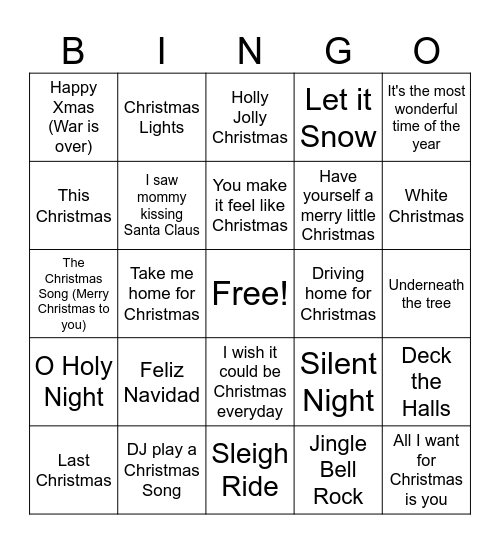 Holiday Music Bingo Card