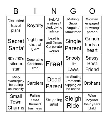 Hallmark Holiday Movies Bingo Card