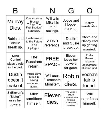 Stranger Things Season 5 Bingo Card