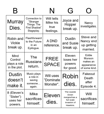 Stranger Things Season 5 Bingo Card