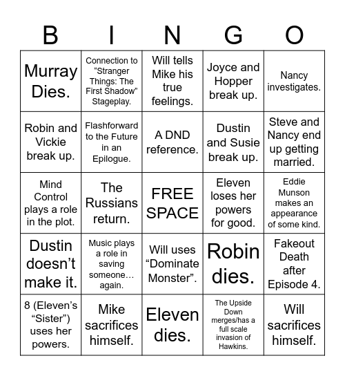 Stranger Things Season 5 Bingo Card