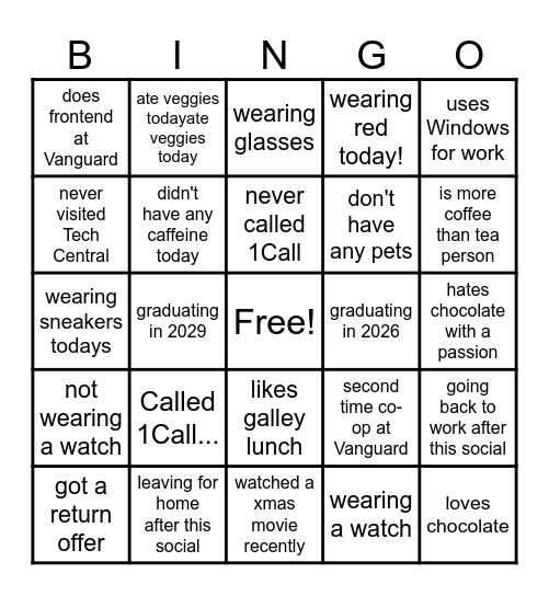 Winter Co-op Social Bingo Card