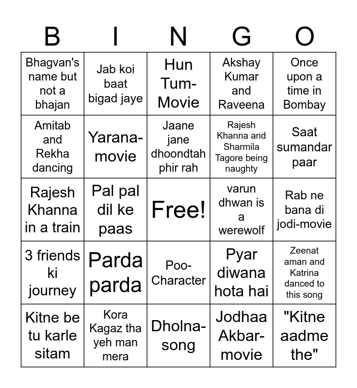 Heena's 50th Bollywood Bingo Card