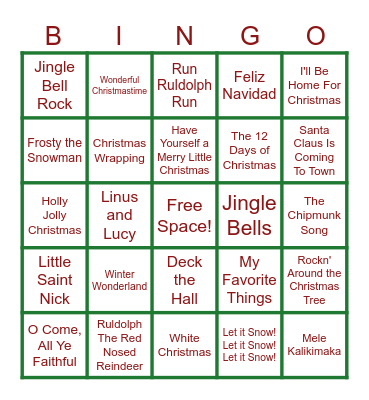 PDC Holiday Song Bingo Card