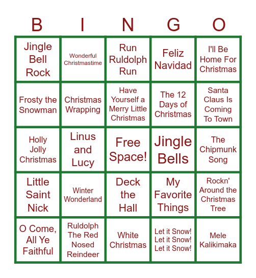 PDC Holiday Song Bingo Card