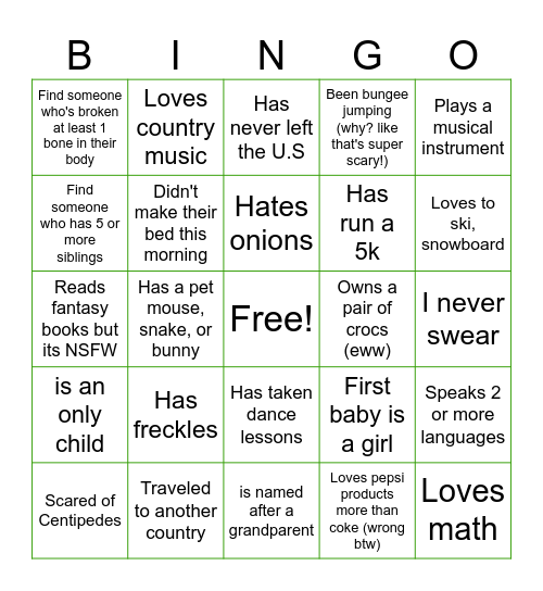 GET TO  KNOW YOU Bingo Card