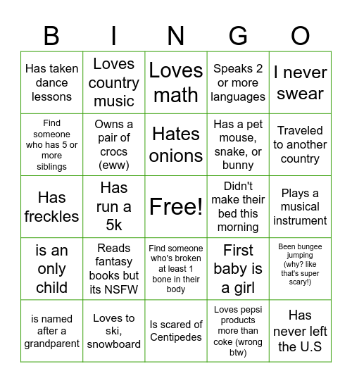 GET TO  KNOW YOU Bingo Card