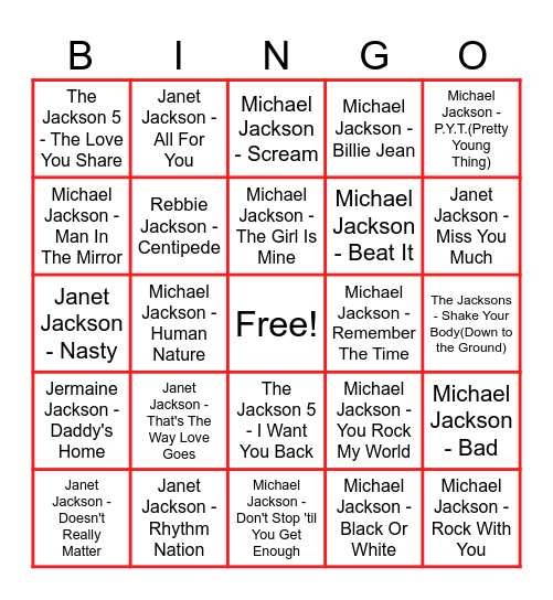 The Jacksons Bingo Card