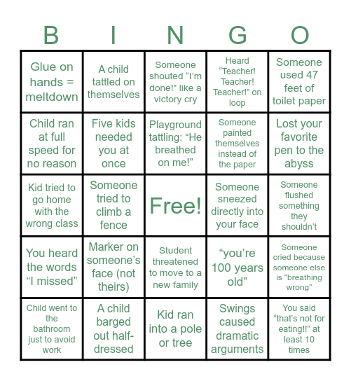 Early Childhood Bingo Card