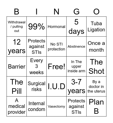 Contraceptive Bingo Card